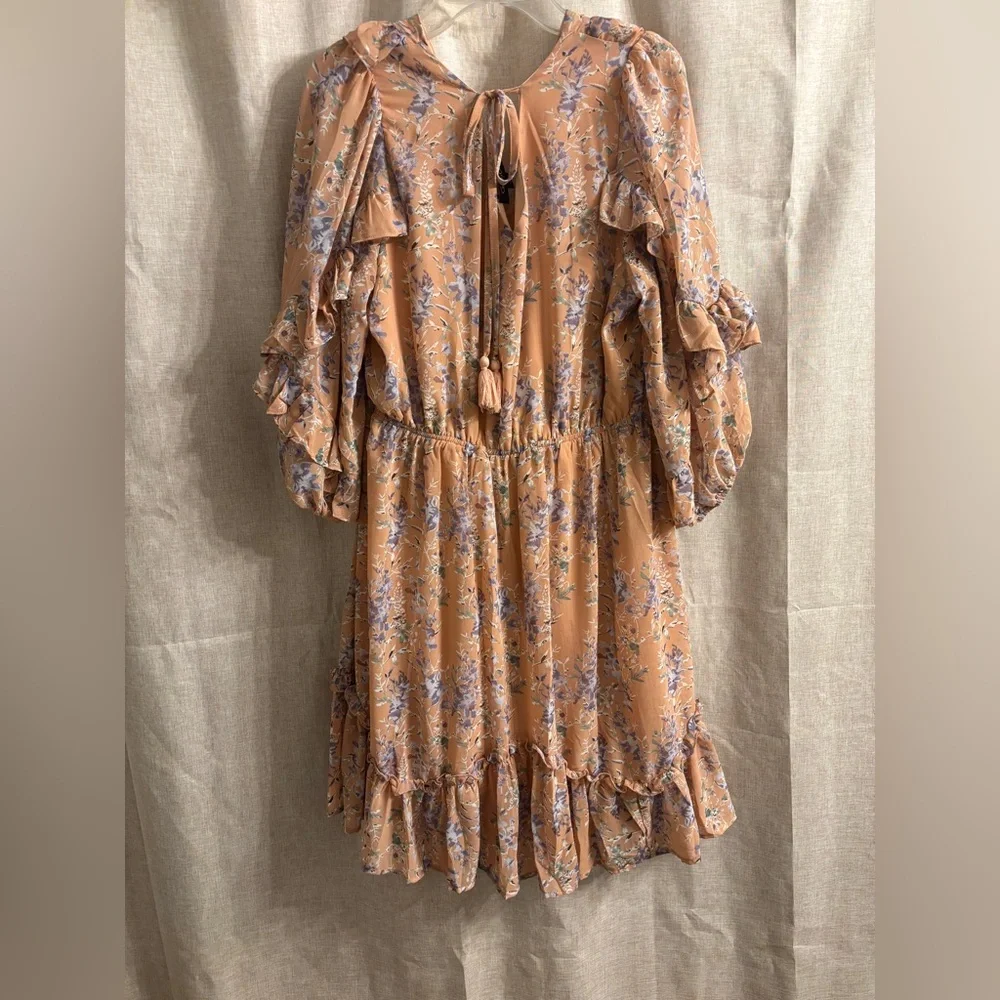 GiGio USA Floral Ruffle Dress in Tan and Purple - Picture 2 of 4